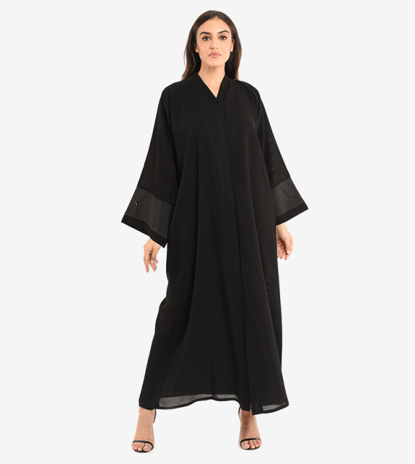 Long Sleeve V Neck Abaya - Black