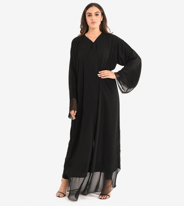 Long Sleeve V Neck Abaya - Black