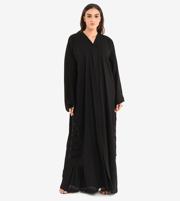 Long Sleeve V Neck Abaya - Black