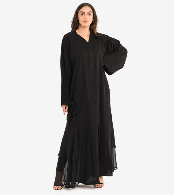 Long Sleeve V Neck Abaya - Black