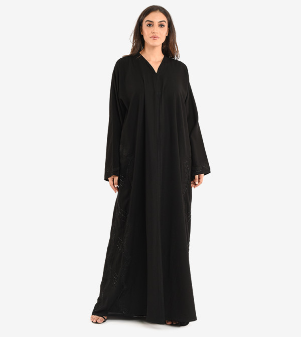 Long Sleeve V Neck Abaya - Black