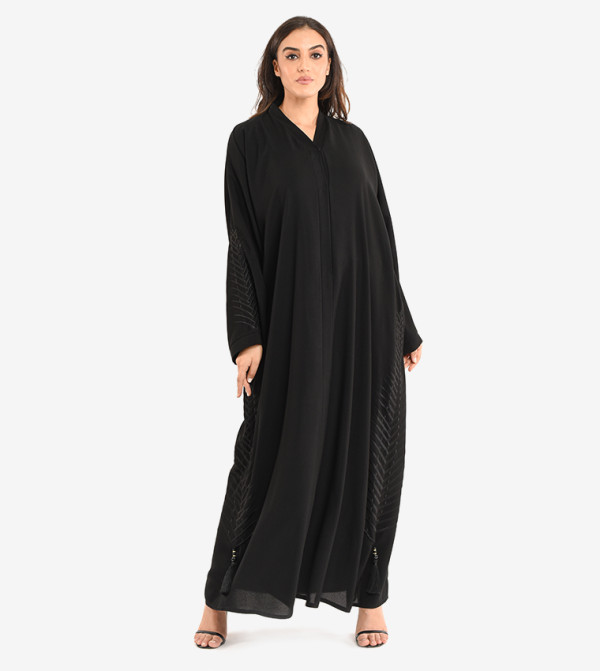 Long Sleeve V Neck Abaya - Black