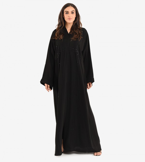 Long Sleeve V Neck Abaya - Black