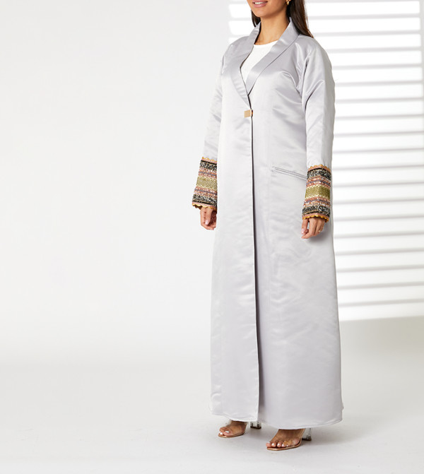 Lace Detail Cuffs Lapel Collar Abaya with Pockets