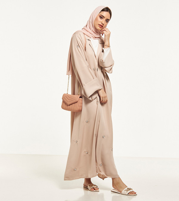 Sequin Embellished Abaya with Notched Lapel Collar