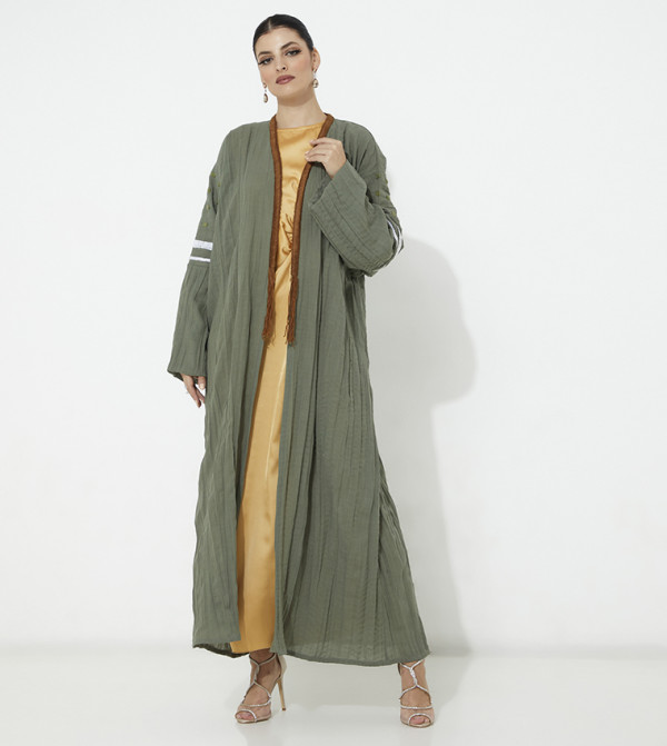 Crushed Linen and Cotton Abaya with Wool Work Detail