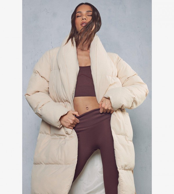 Belted Puffer Beige Puffer Jacket Oversized Ivy Oak Long Belted