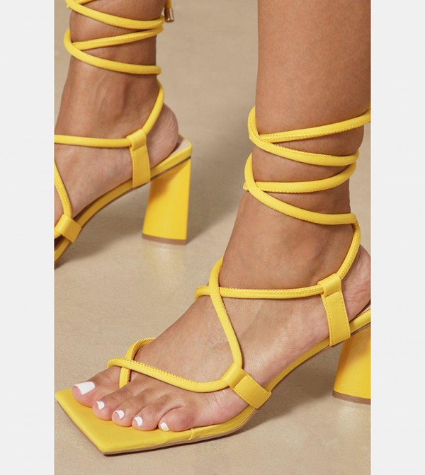 Buy MissPap Fabric Square Toe Tie Up Mid Heel Sandals In Yellow 6thStreet UAE