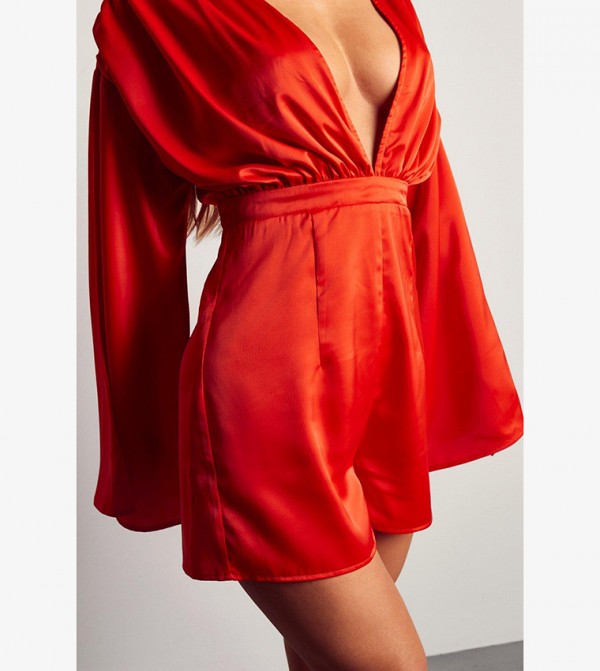 Buy MissPap Ruched Shoulder Tie Back Satin Romper In Orange 6thStreet Qatar