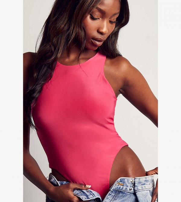 Buy MissPap Double Layer Racer Neck Bodysuit Top In Pink 6thStreet Qatar