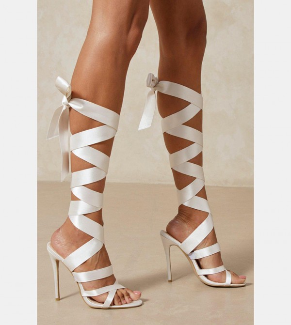 White ribbon lace up heels on sale