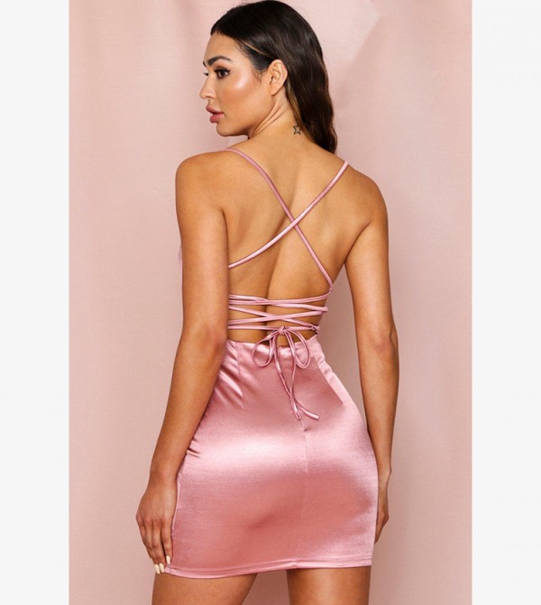 Satin square neck strappy back bodycon dress sales