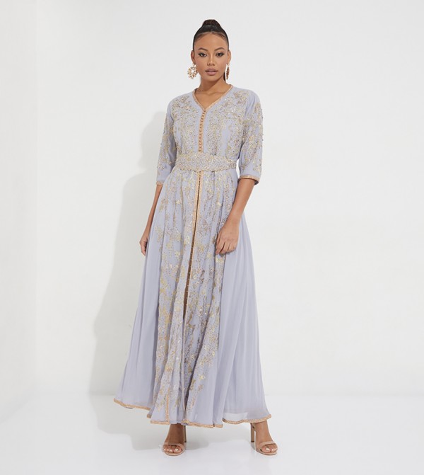Embroidered Flared Traditional Dress with Waist Belt