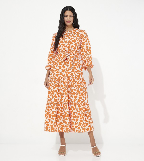 Printed Tiered Dress with Waist Belt