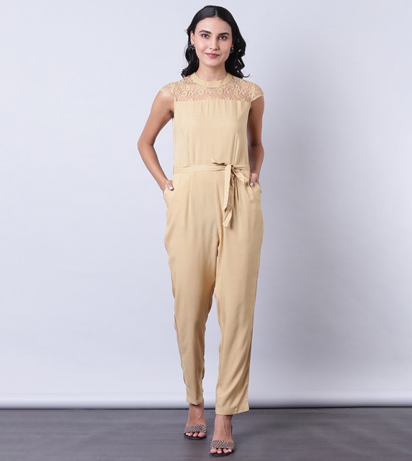 Buy Boohoo Maternity Ribbed Tie Waist Jumpsuit In Beige