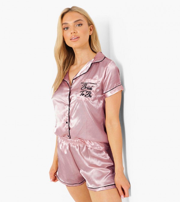 Buy Boohoo Bride To Be Embroidered Satin Short Pajama Set In Rose Gold