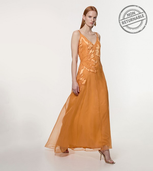 Satin Applique Woven Maxi Dress - Non Returnable