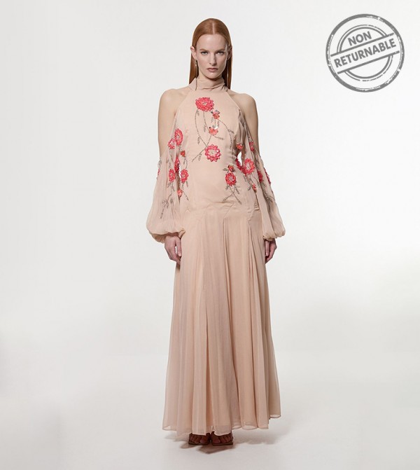 Cold Shoulder 3D Floral Appliqued Woven Maxi Dress - (Non Returnable)