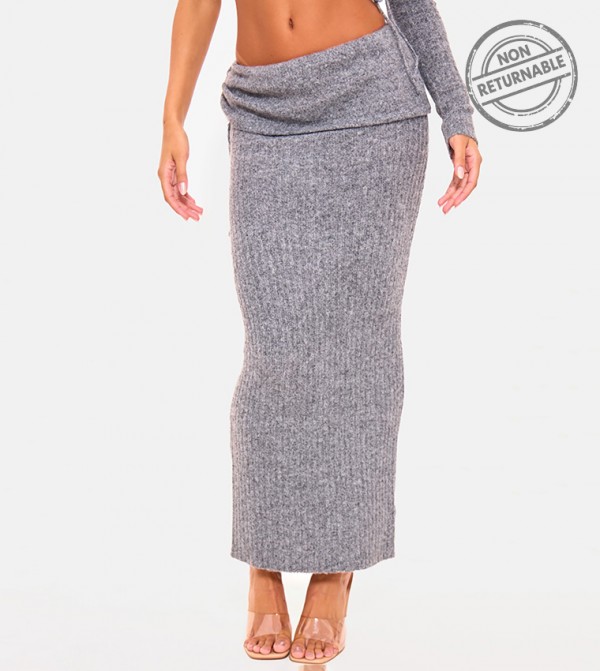 Ribbed Knit Ruched Fold Over Maxi Skirt - (Non Returnable)