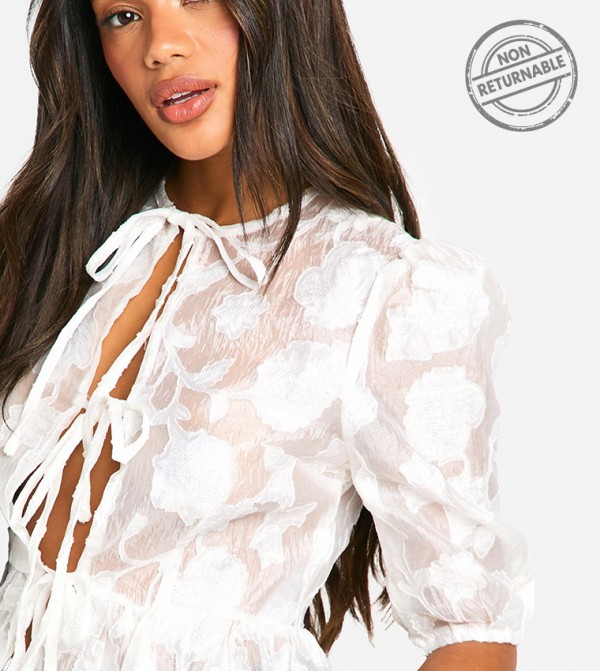 Burnout Volume Sleeves Tie Front Top - (Non Returnable)