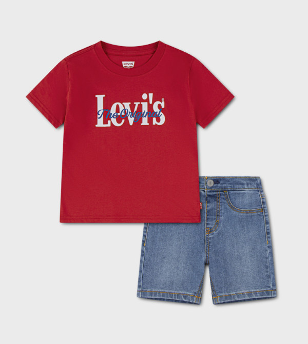 تيشيرت أطفال كم قصير بطبعة شعار مع شورت