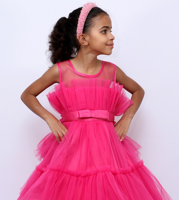 Bow Detail Ruffle Hem Mesh Dress