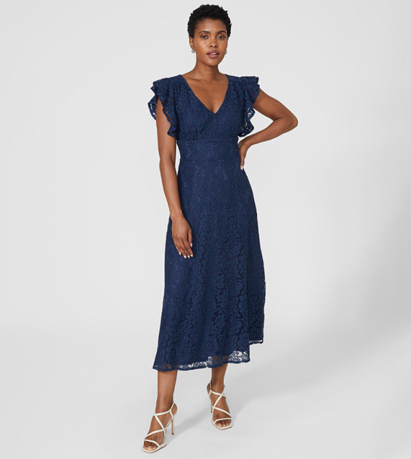 blue crochet lace dress Blue Crochet Lace Plunging Dress – Gabi Swimwear main image 0