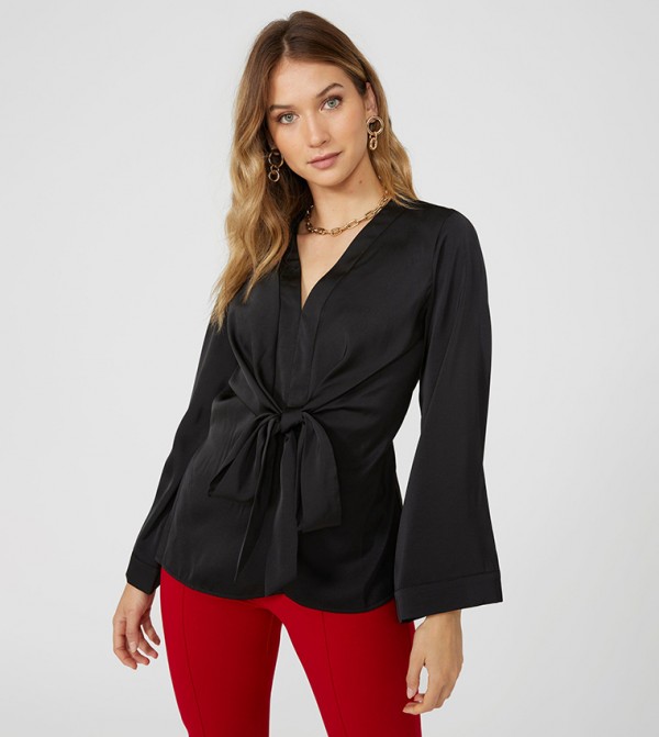 Buy Principles Tie Front Kimono Sleeves Satin Top In Black 6thStreet