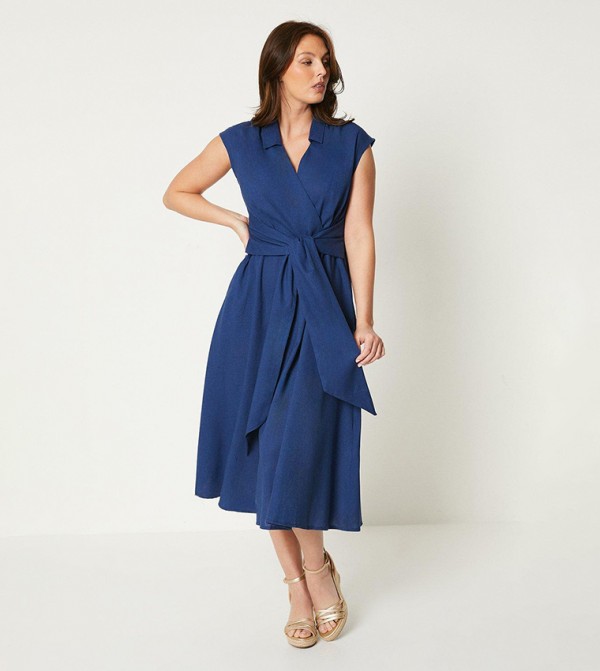 Linen Blend Belted Midi Dress