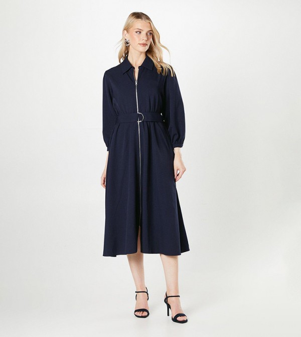 Chunky Zip Front Midi Shirt Dress