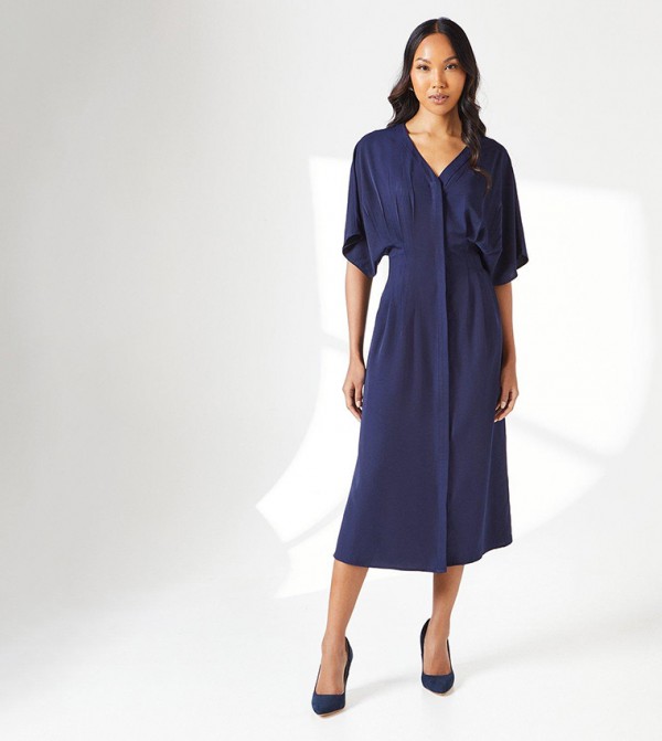 Pleat Waist Detail Crepe Midi Dress