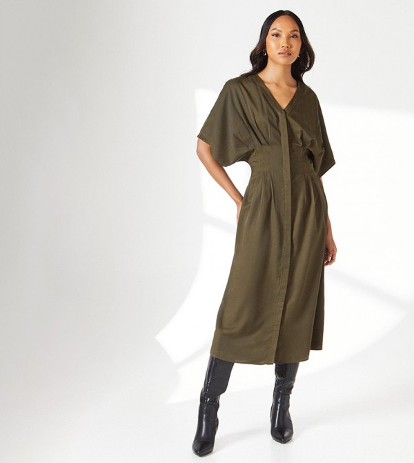 Pleat Waist Detail Crepe Midi Dress