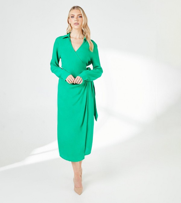 Belted Long Sleeves Wrap Midi Dress