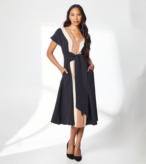 Belt Tie Color Block Midi Dress