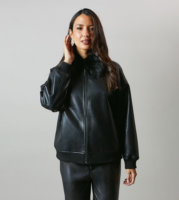 Fur Collar Faux Leather Bomber Jacket