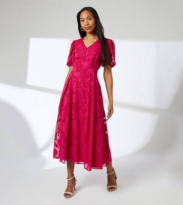 Floral Jacquard Short Sleeves Midi Dress
