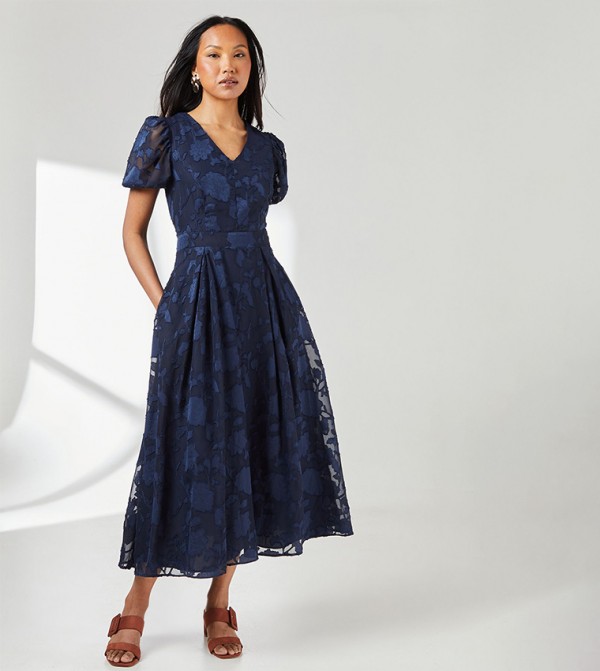 Floral Jacquard Puff Sleeves Midi Dress