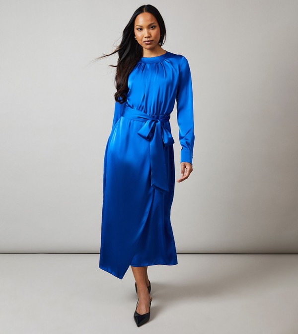 Pleat Neck Drape Midi Dress