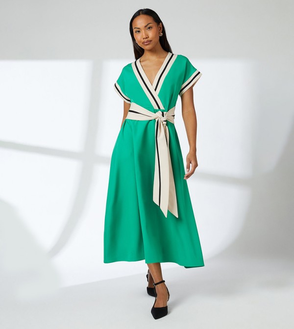 Belted Piped Detail Midi Dress