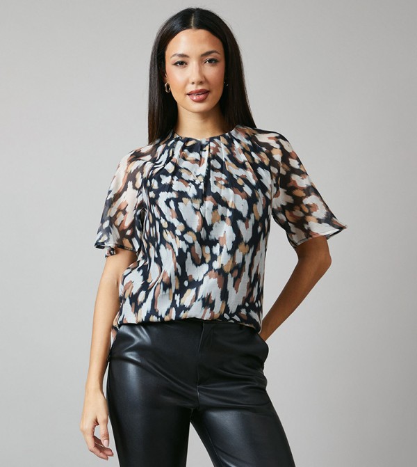 Animal Printed Pleat Neck Top