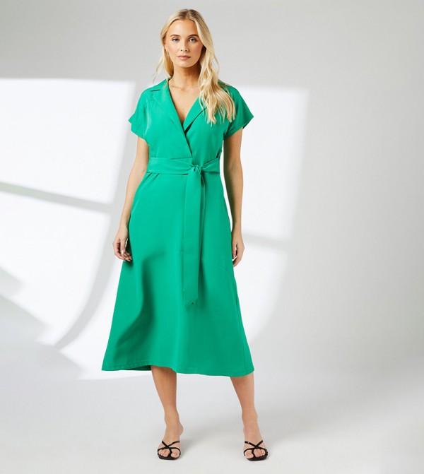 Belted Short Sleeves Midi Dress