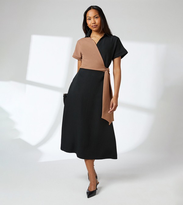 Color Block Short Sleeves Midi Dress