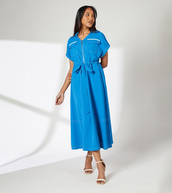 Solid Belted Short Sleeves Midi Dress