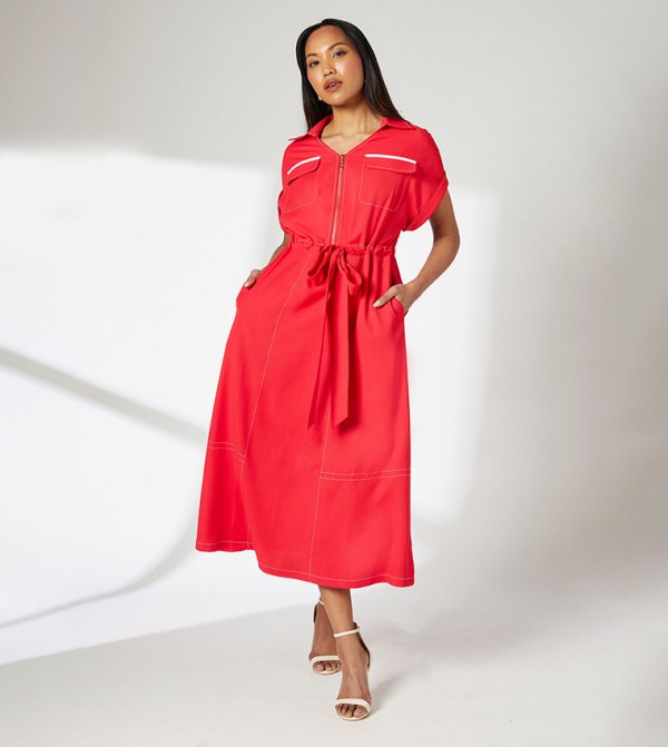 Solid Belted Short Sleeves Midi Dress