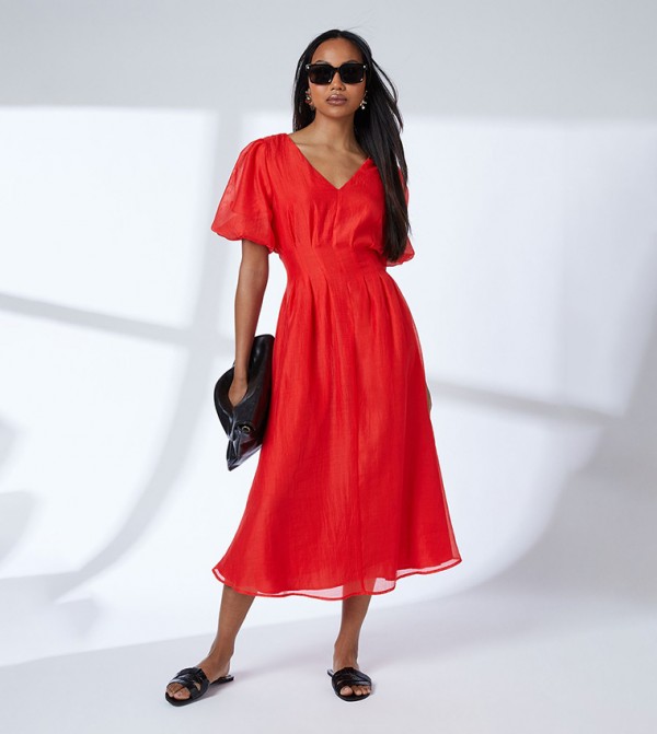 Pleat Detail Puff Sleeves Midi Dress