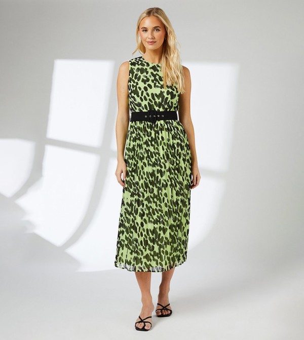 Animal Printed Sleeveless Belted Pleated Midi Dress