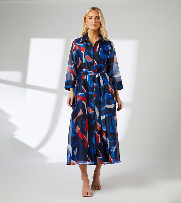 Abstract Print Belted Collared Shirt Dress