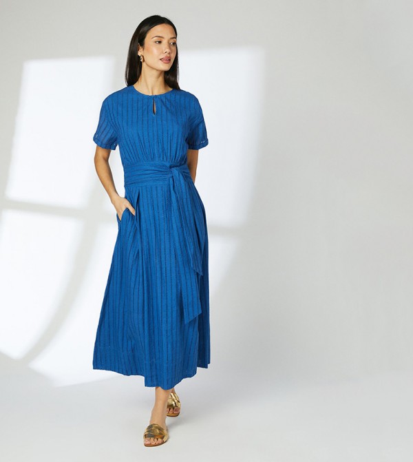 Tie Waist Pleated Skirt Midi Dress