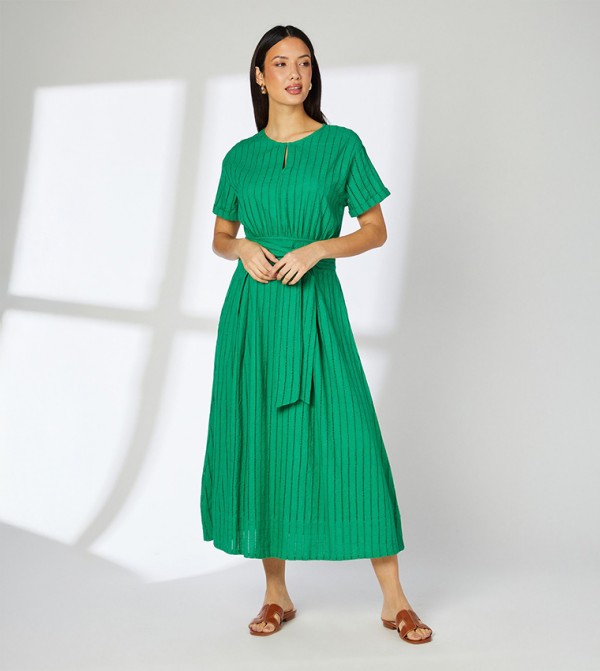 Tie Waist Pleated Skirt Midi Dress