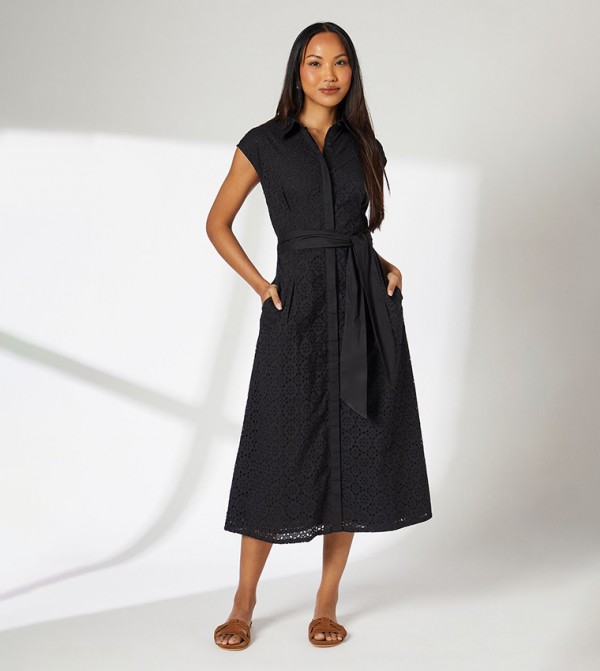 Schiffli Belted Short Sleeves Midi Shirt Dress
